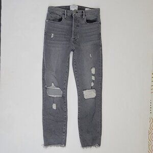 FRAME Le Original High Waist Raw Edge Knee Tear Jean in Raw Ash Gray